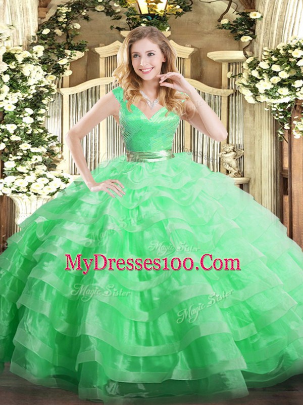 Flare Apple Green Ball Gowns V-neck Sleeveless Organza Floor Length Zipper Ruffled Layers Vestidos de Quinceanera