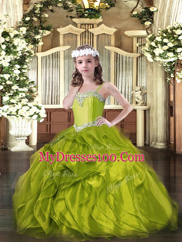 Discount Sleeveless Floor Length Beading and Ruffles Lace Up Kids Formal Wear with Olive Green