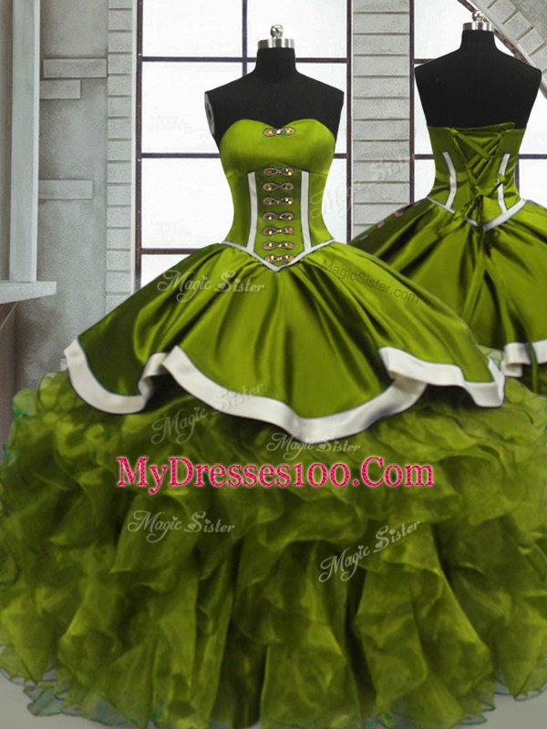 Best Selling Floor Length Olive Green 15 Quinceanera Dress Organza Sleeveless Beading and Ruffles