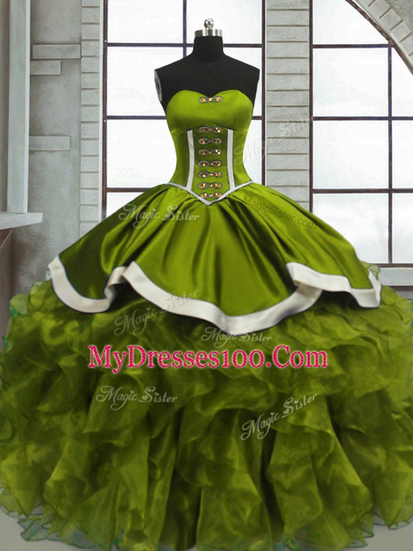 Best Selling Floor Length Olive Green 15 Quinceanera Dress Organza Sleeveless Beading and Ruffles