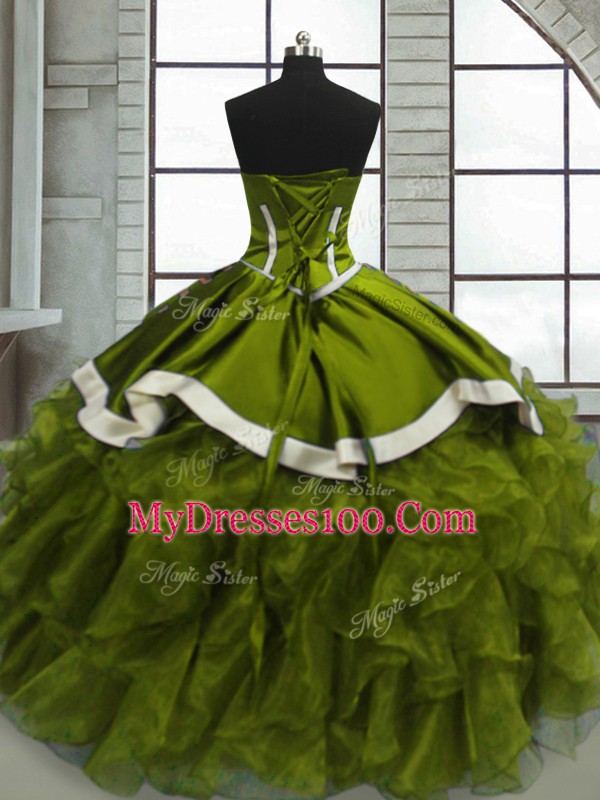 Best Selling Floor Length Olive Green 15 Quinceanera Dress Organza Sleeveless Beading and Ruffles