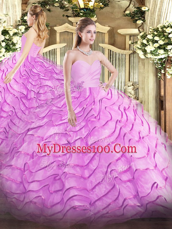 Customized Lilac Lace Up Sweetheart Beading and Ruffled Layers Quinceanera Dress Organza Sleeveless Brush Train