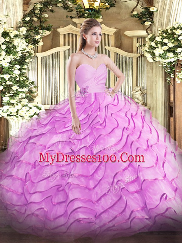 Customized Lilac Lace Up Sweetheart Beading and Ruffled Layers Quinceanera Dress Organza Sleeveless Brush Train