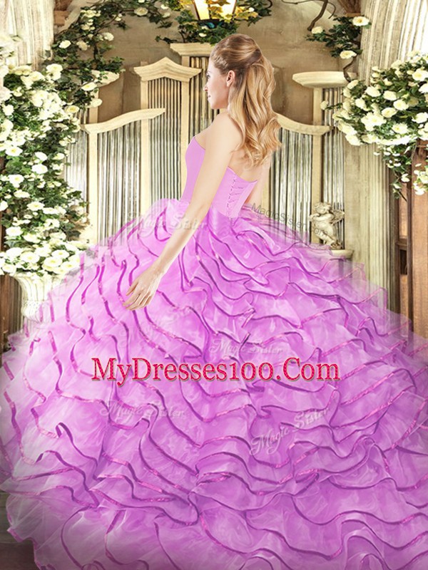 Customized Lilac Lace Up Sweetheart Beading and Ruffled Layers Quinceanera Dress Organza Sleeveless Brush Train