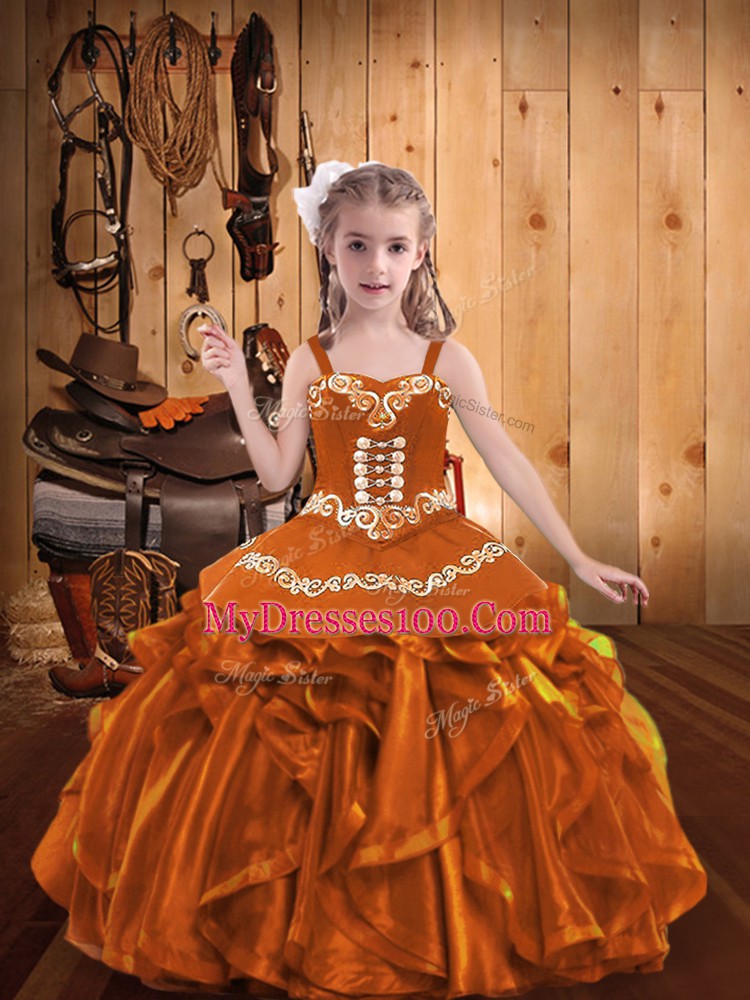 Affordable Orange Ball Gowns Organza Straps Sleeveless Embroidery and Ruffles Floor Length Lace Up Girls Pageant Dresses