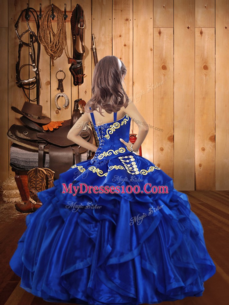Affordable Orange Ball Gowns Organza Straps Sleeveless Embroidery and Ruffles Floor Length Lace Up Girls Pageant Dresses