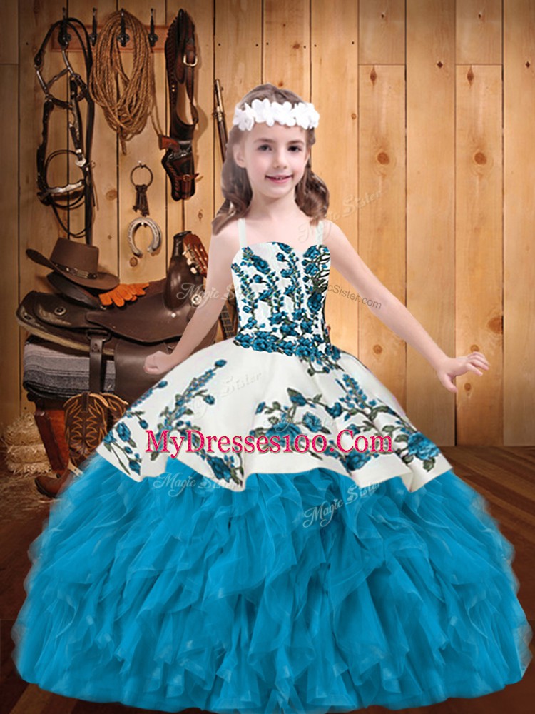 Sleeveless Embroidery and Ruffles Lace Up Little Girl Pageant Gowns