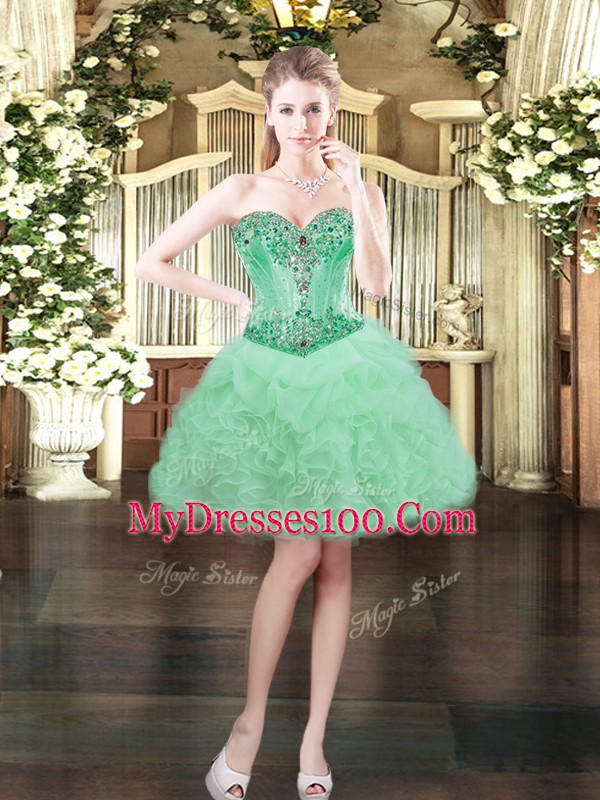 Glittering Apple Green Sleeveless Beading and Ruffles and Pick Ups Mini Length Homecoming Dress