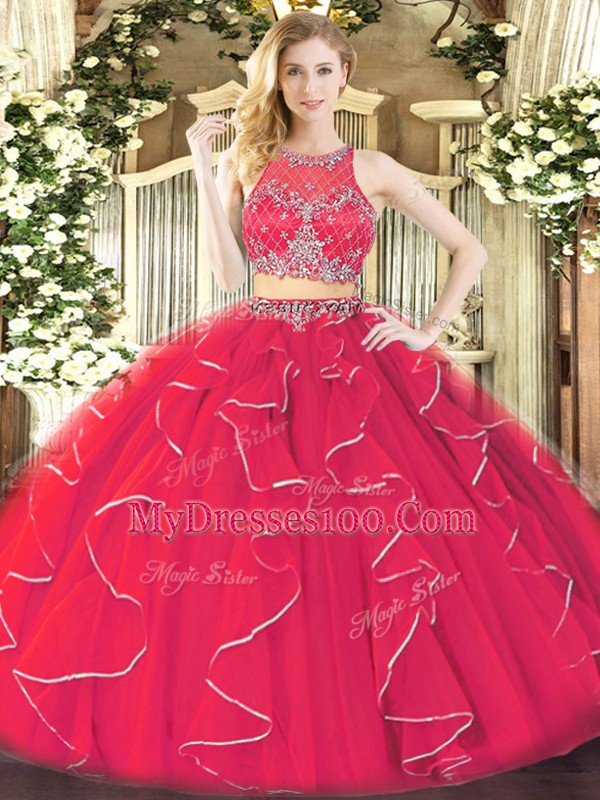 Dazzling Floor Length Coral Red Ball Gown Prom Dress Organza Sleeveless Ruffles