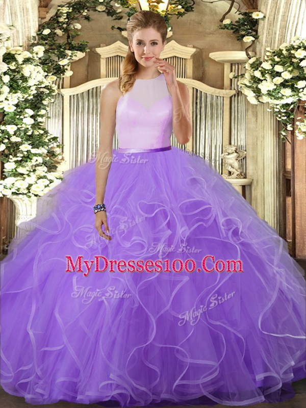 Lavender Backless 15 Quinceanera Dress Ruffles Sleeveless Floor Length