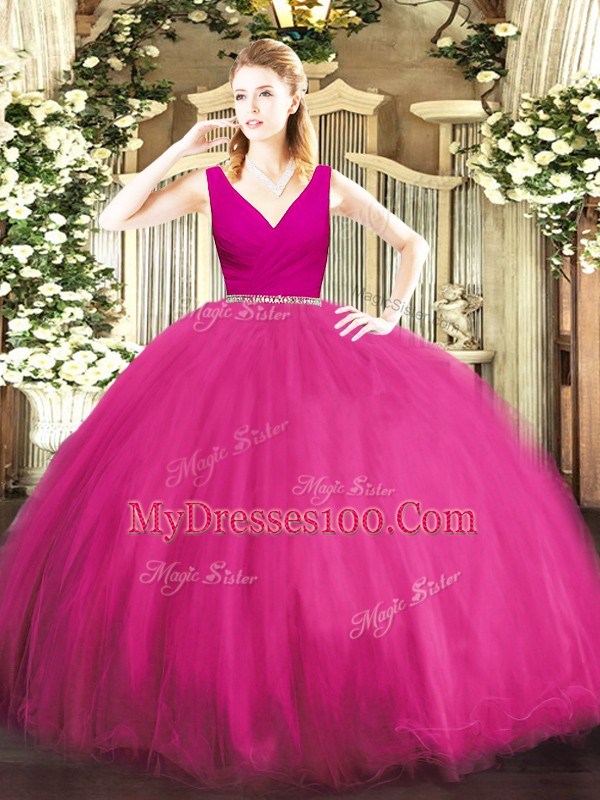 Noble Floor Length Fuchsia Sweet 16 Dress V-neck Sleeveless Zipper