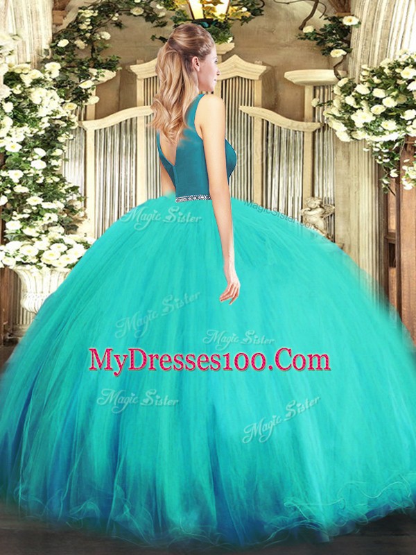 Noble Floor Length Fuchsia Sweet 16 Dress V-neck Sleeveless Zipper