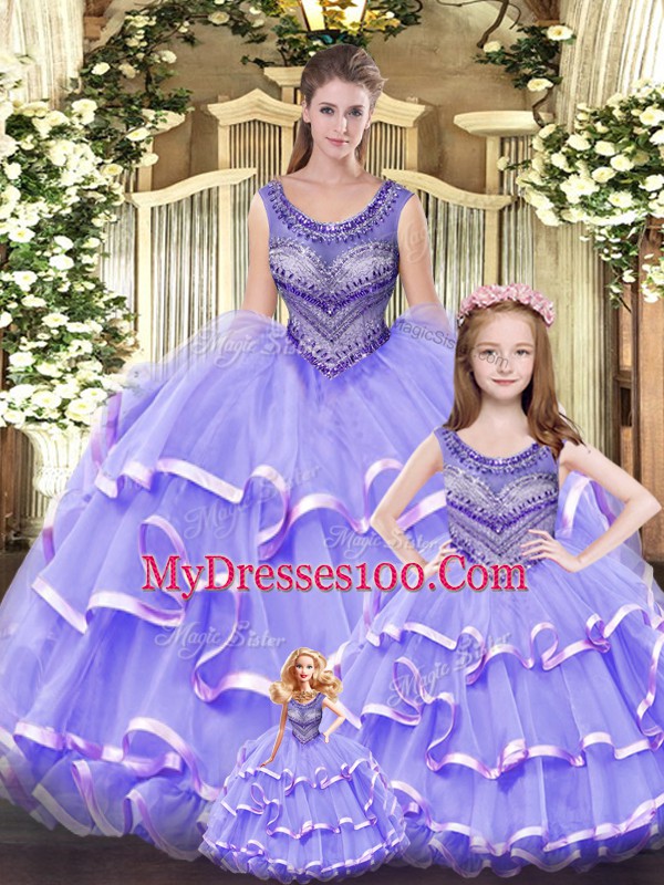 Tulle Sleeveless Floor Length Quince Ball Gowns and Beading and Ruffled Layers