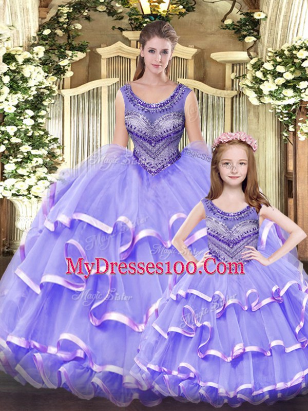 Tulle Sleeveless Floor Length Quince Ball Gowns and Beading and Ruffled Layers