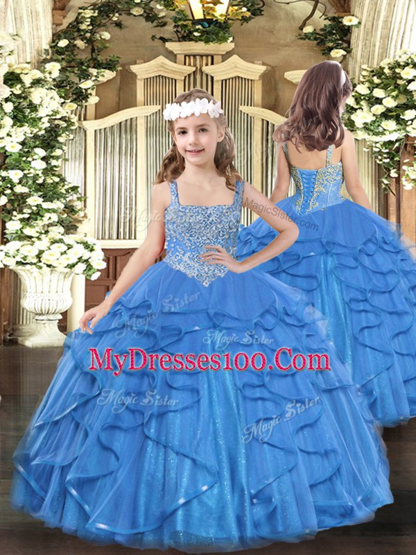 Vintage Tulle Straps Sleeveless Lace Up Beading and Ruffles Quinceanera Dress in Baby Blue