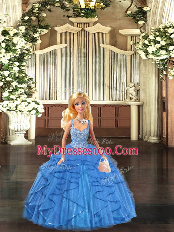 Vintage Tulle Straps Sleeveless Lace Up Beading and Ruffles Quinceanera Dress in Baby Blue