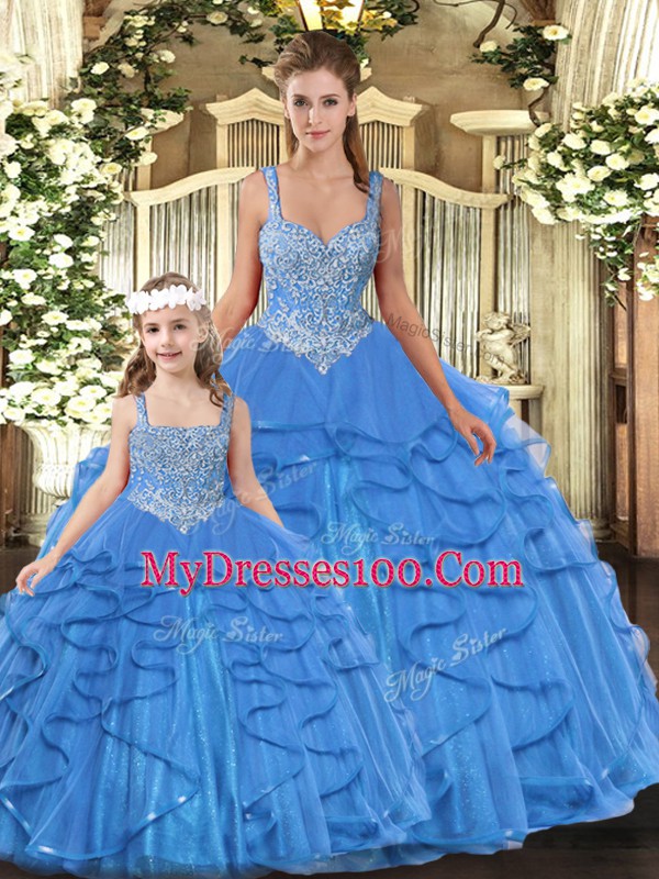 Vintage Tulle Straps Sleeveless Lace Up Beading and Ruffles Quinceanera Dress in Baby Blue