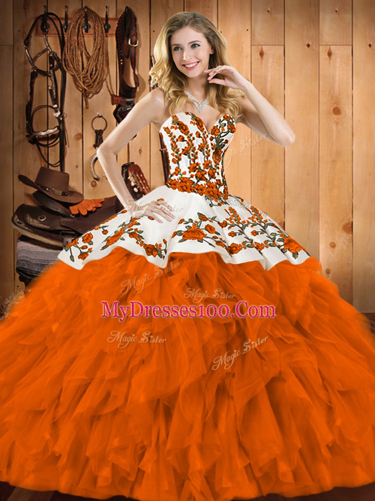 Dynamic Rust Red Lace Up Vestidos de Quinceanera Embroidery and Ruffles Sleeveless Floor Length