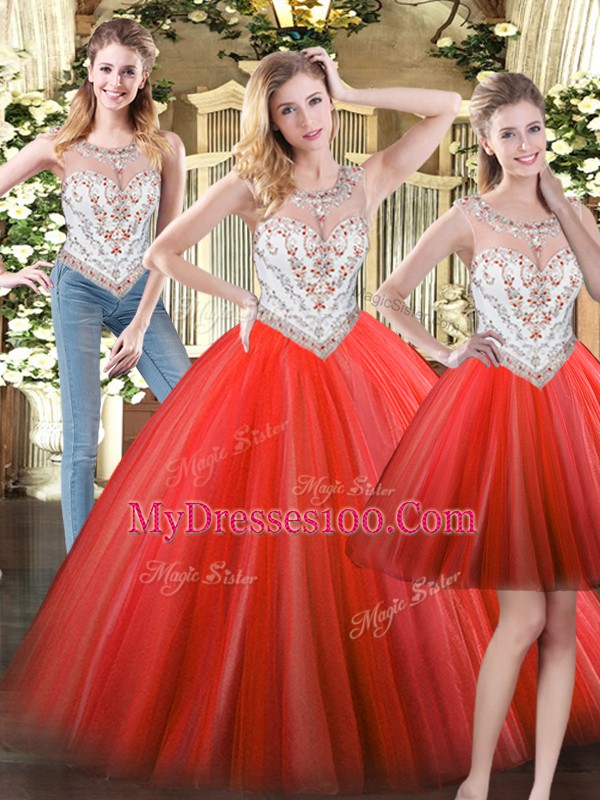 Scoop Sleeveless 15 Quinceanera Dress Floor Length Beading Coral Red Tulle