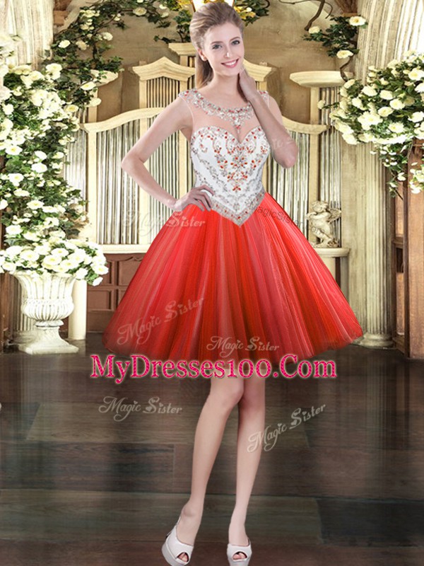 Scoop Sleeveless 15 Quinceanera Dress Floor Length Beading Coral Red Tulle