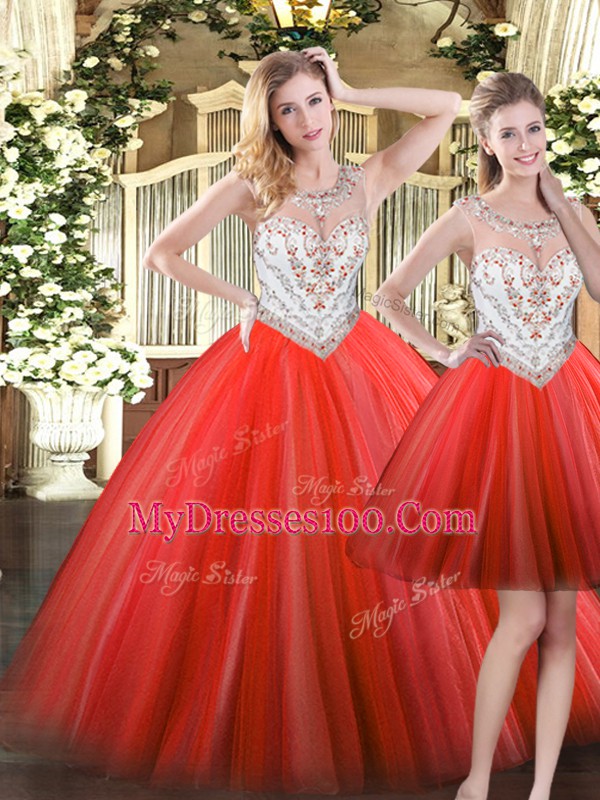 Scoop Sleeveless 15 Quinceanera Dress Floor Length Beading Coral Red Tulle