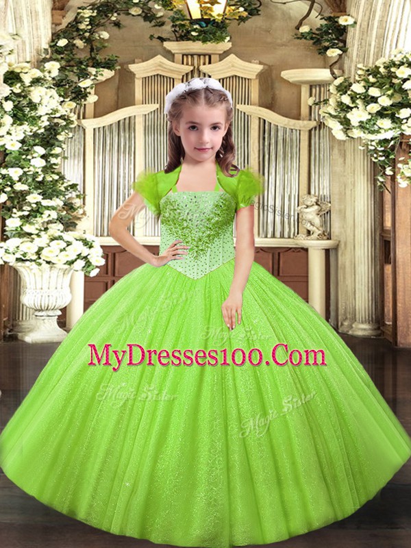 Yellow Green Ball Gowns Straps Sleeveless Tulle Floor Length Lace Up Beading Pageant Gowns For Girls