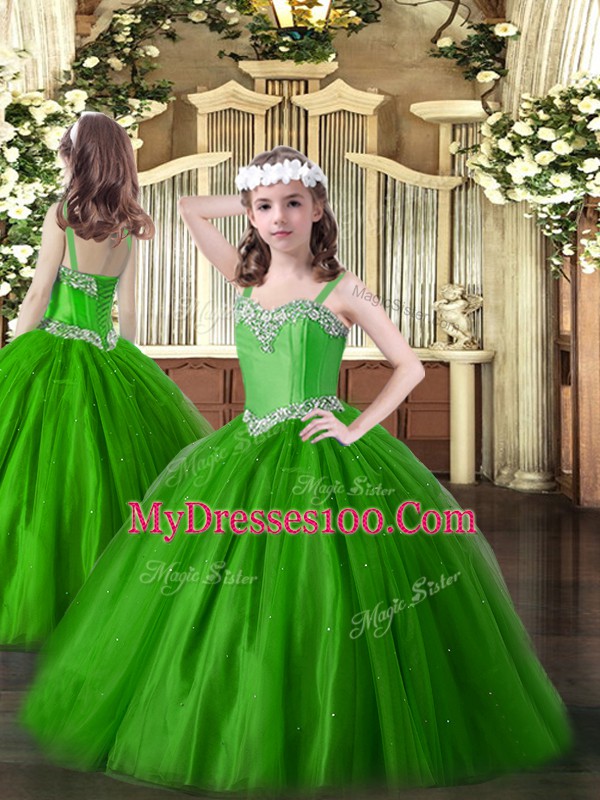 Green Sleeveless Floor Length Beading Lace Up Kids Pageant Dress