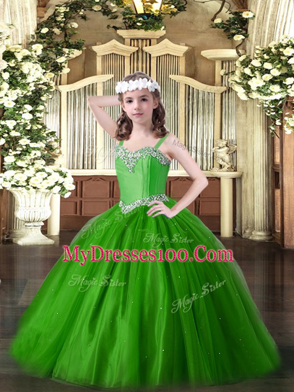 Green Sleeveless Floor Length Beading Lace Up Kids Pageant Dress