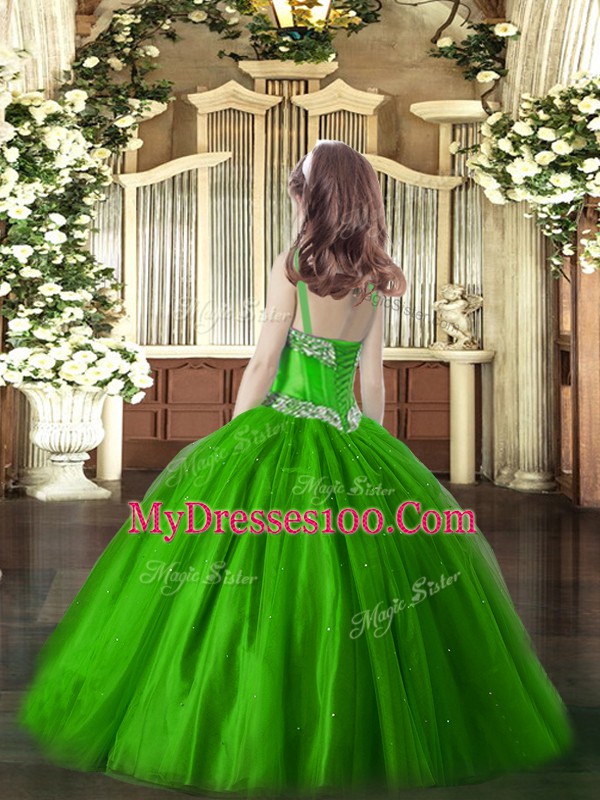 Green Sleeveless Floor Length Beading Lace Up Kids Pageant Dress