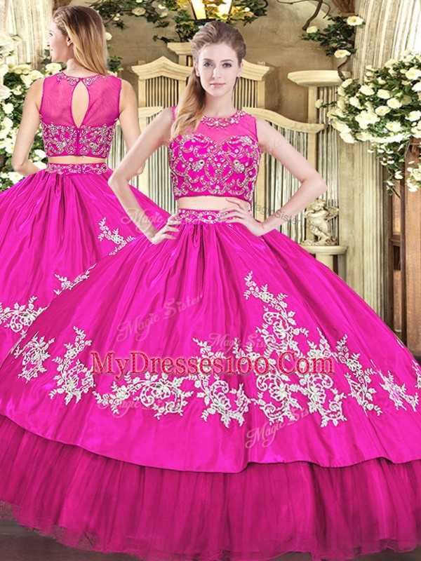 Scoop Sleeveless Tulle Quince Ball Gowns Beading and Appliques Zipper