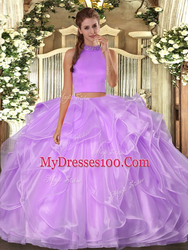 Smart Lilac Two Pieces Beading and Ruffles Vestidos de Quinceanera Backless Organza Sleeveless Floor Length