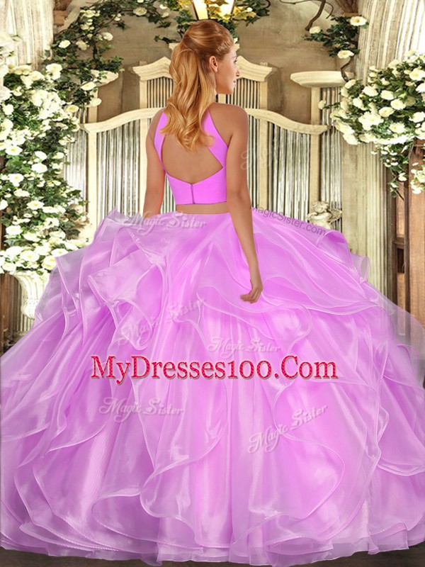 Smart Lilac Two Pieces Beading and Ruffles Vestidos de Quinceanera Backless Organza Sleeveless Floor Length
