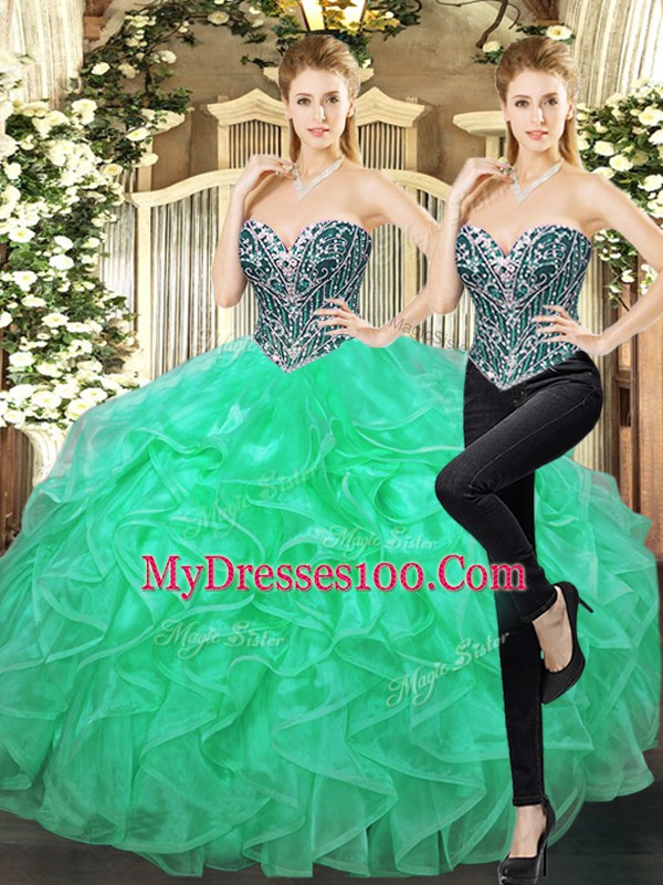 Hot Selling Sweetheart Sleeveless Quinceanera Dresses Floor Length Beading and Ruffles Turquoise Tulle