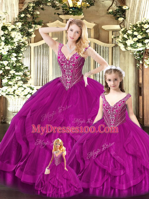 Floor Length Fuchsia Quinceanera Dresses Straps Sleeveless Lace Up