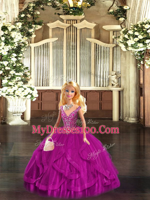 Floor Length Fuchsia Quinceanera Dresses Straps Sleeveless Lace Up