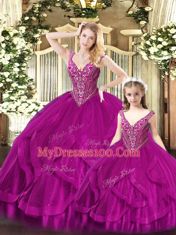 Floor Length Fuchsia Quinceanera Dresses Straps Sleeveless Lace Up