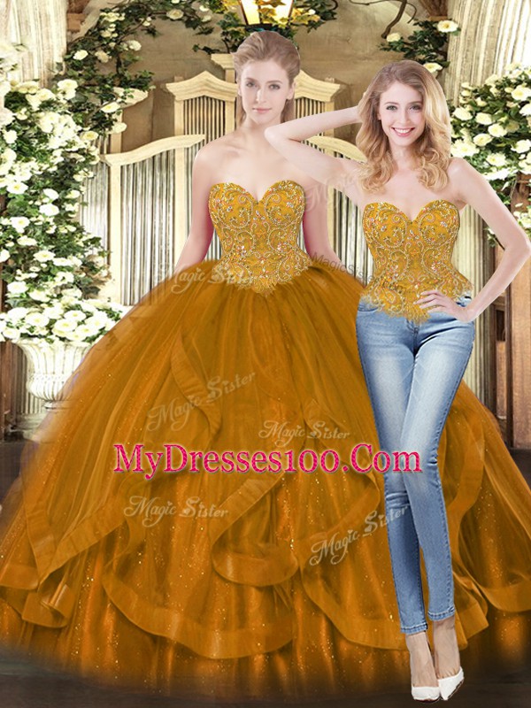Sleeveless Floor Length Beading and Ruffles Lace Up Vestidos de Quinceanera with Brown
