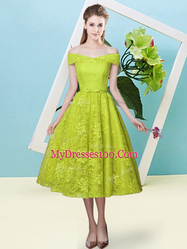 Olive Green Off The Shoulder Neckline Bowknot Dama Dress Cap Sleeves Lace Up
