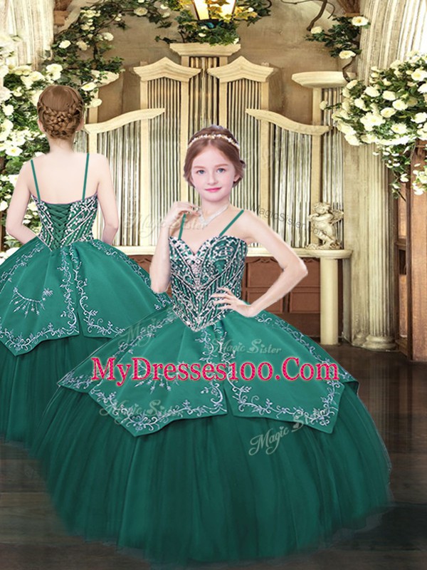 Spaghetti Straps Sleeveless Lace Up Little Girl Pageant Dress Dark Green Satin and Organza