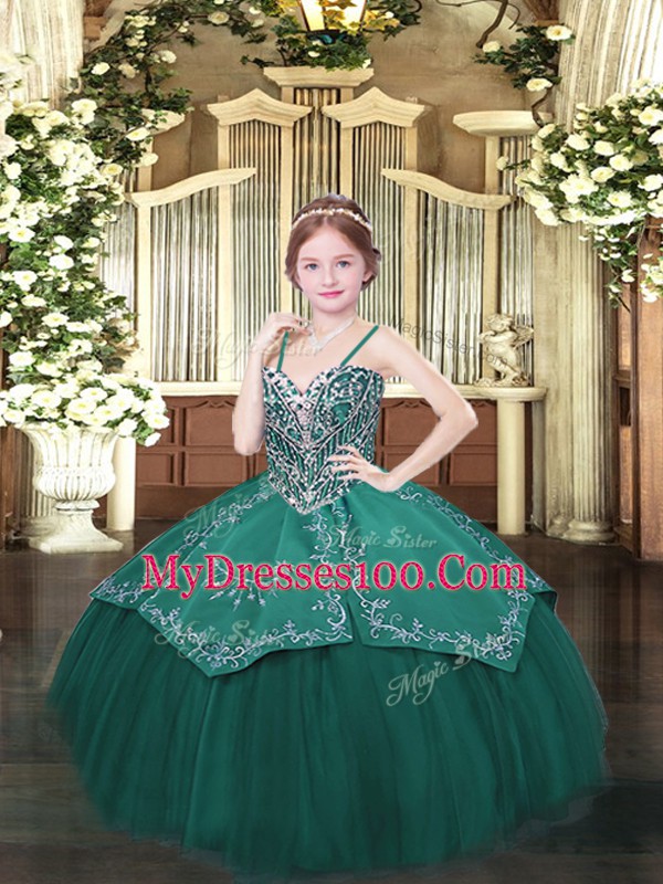 Spaghetti Straps Sleeveless Lace Up Little Girl Pageant Dress Dark Green Satin and Organza