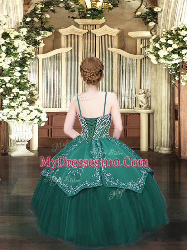 Spaghetti Straps Sleeveless Lace Up Little Girl Pageant Dress Dark Green Satin and Organza