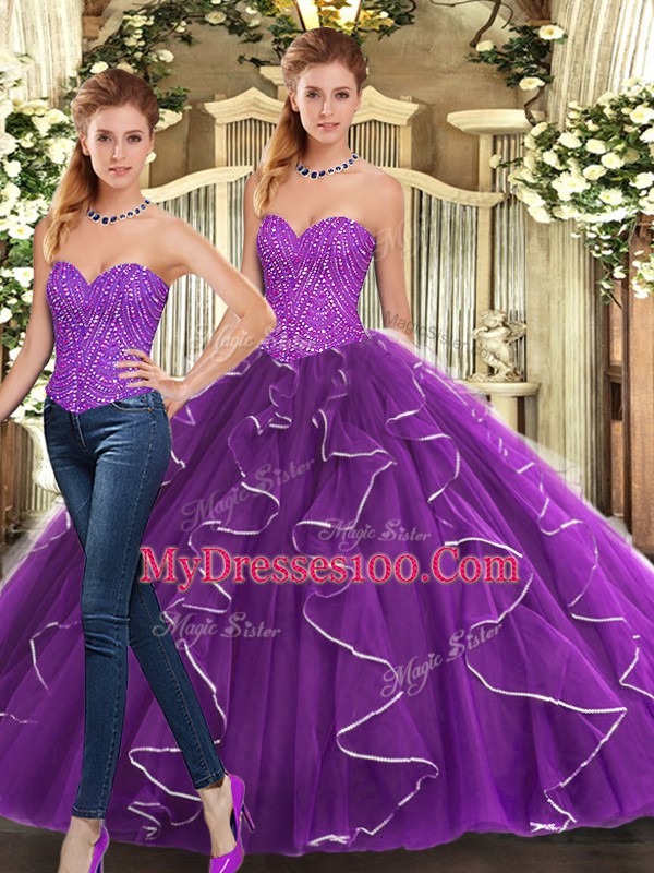 Stunning Eggplant Purple Lace Up Quinceanera Dress Beading and Ruffles Sleeveless Floor Length