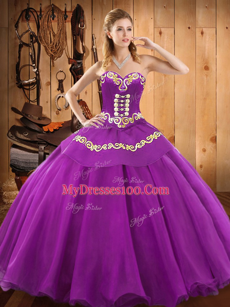 Traditional Floor Length Lace Up Vestidos de Quinceanera Purple for Military Ball and Sweet 16 and Quinceanera with Embroidery