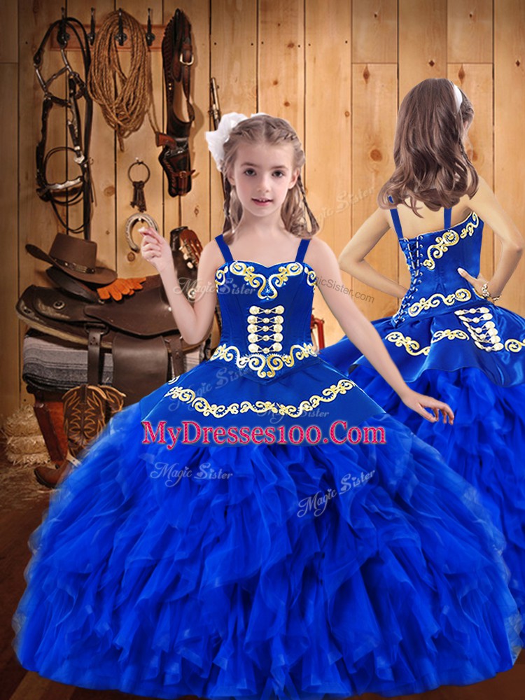 Chic Royal Blue Tulle Lace Up 15th Birthday Dress Sleeveless Floor Length Embroidery and Ruffles