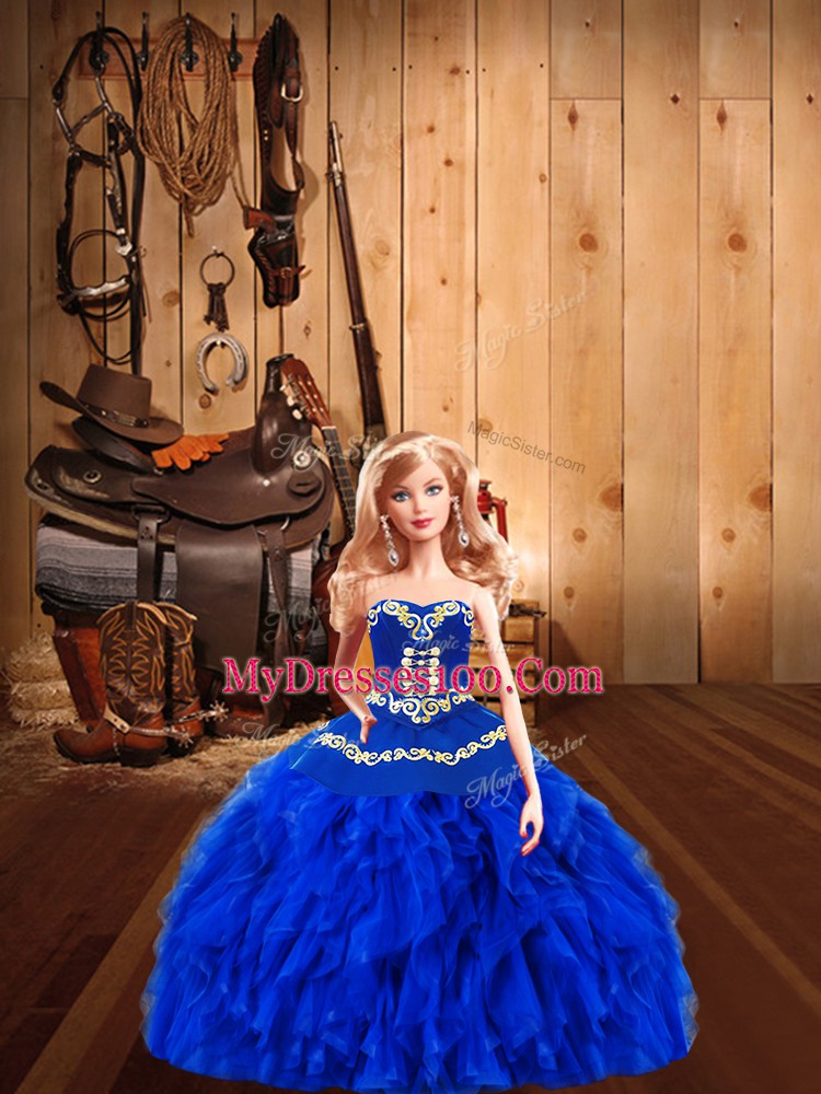 Chic Royal Blue Tulle Lace Up 15th Birthday Dress Sleeveless Floor Length Embroidery and Ruffles
