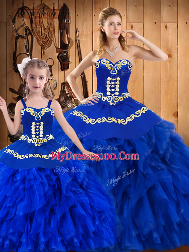 Chic Royal Blue Tulle Lace Up 15th Birthday Dress Sleeveless Floor Length Embroidery and Ruffles