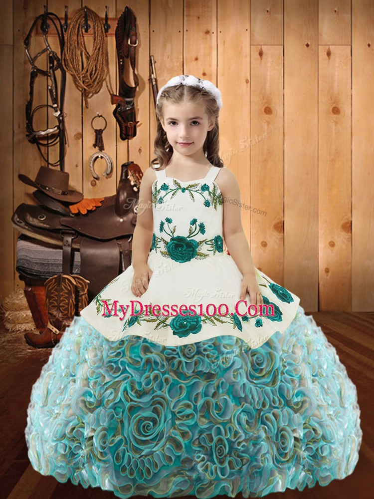 Latest Sleeveless Floor Length Embroidery and Ruffles Lace Up Kids Formal Wear with Multi-color