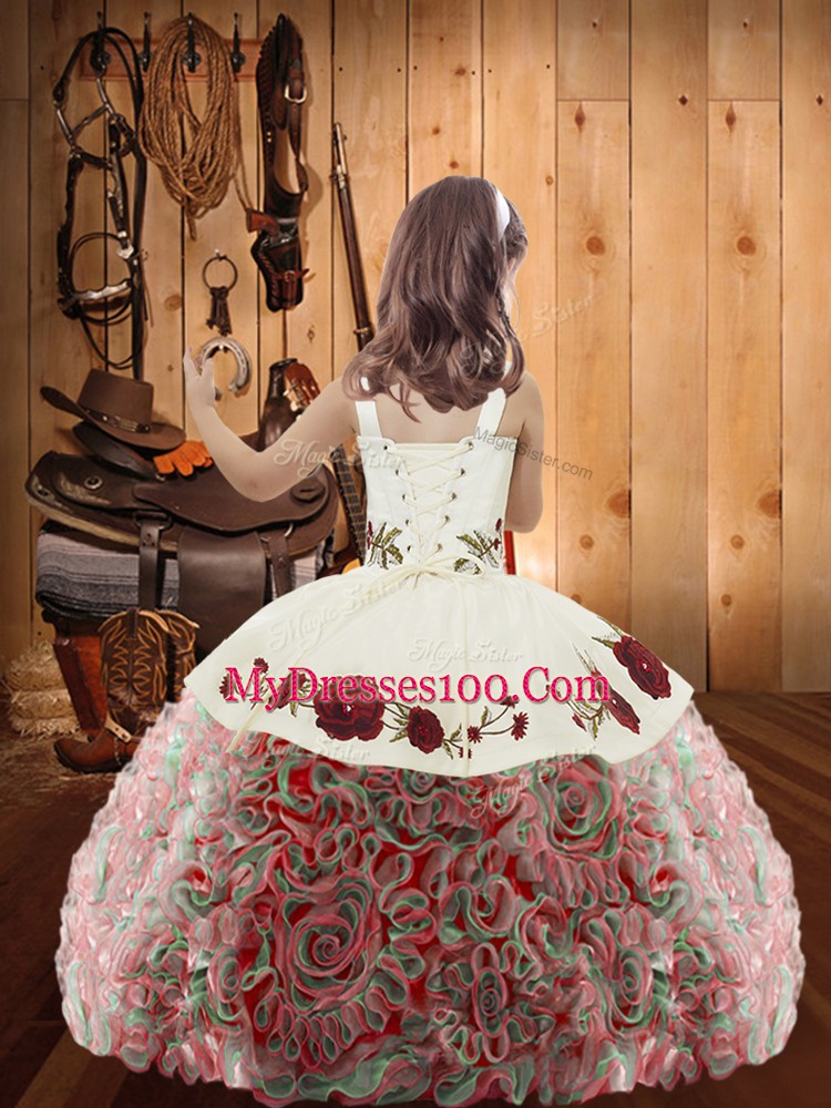 Latest Sleeveless Floor Length Embroidery and Ruffles Lace Up Kids Formal Wear with Multi-color