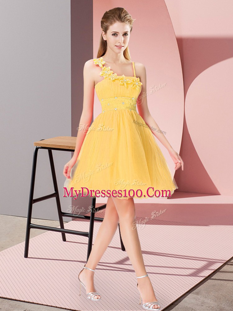 Gold Organza Zipper Asymmetric Sleeveless Mini Length Dress for Prom Beading and Hand Made Flower