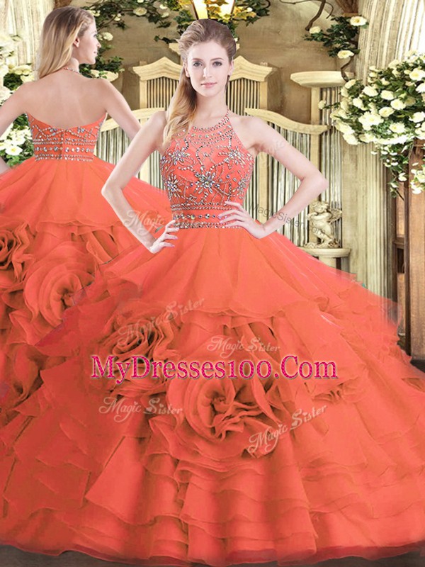 Red Ball Gowns Tulle Halter Top Sleeveless Beading and Ruffled Layers Floor Length Zipper 15th Birthday Dress